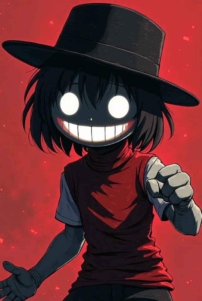 creature in a human shape, head is deep black, very wide glowing white smile, round big glowing white eyes which look like circles, Mauve short hair, big black fedora hat, left arm is full white, upper torso is full red, the rest of the body parts have gli...