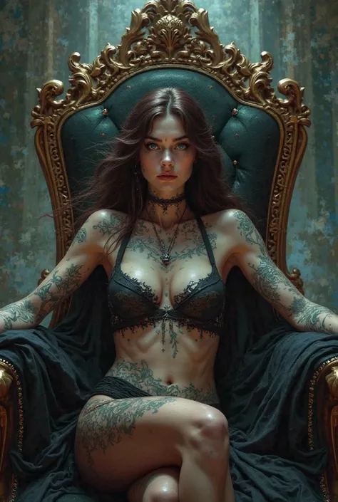 Sexy tattooed blue eyed brunette sitting on a throne with arms 
