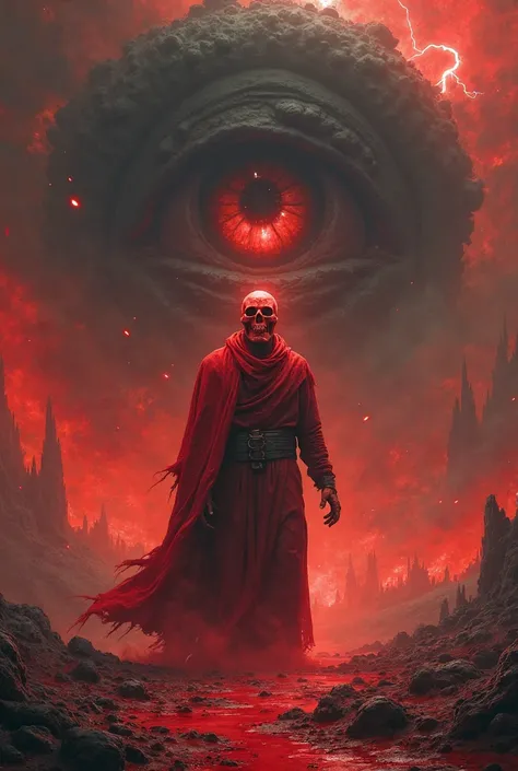 A man dressed in red and his head is a red skull and his eyes are inflamed bright red and he touches a red clearing with one of his hands and behind him a dark black cloud or lightning and a giant eye that emerges from the red sky touches the clarinet upwa...