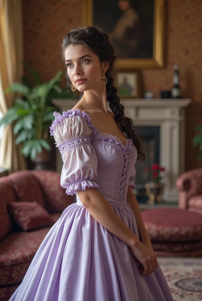 Create an image that is taken from the cover of a Victorian-era historical romance book, in which you can see a beautiful brunette woman in a pale purple dress and an elegant braided hairstyle. In a living room of a Victorian-era mansion