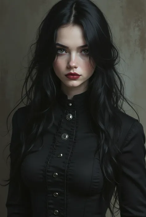 Ultra realistic portrait of a 20 years old, female. Porcelain white skin, long black hair, petite and voluptuous, gothic style. Stoic and cold, hides a soft heart due to past wounds, distrustful. Mysterious past. Competent without supernatural powers. Cold...