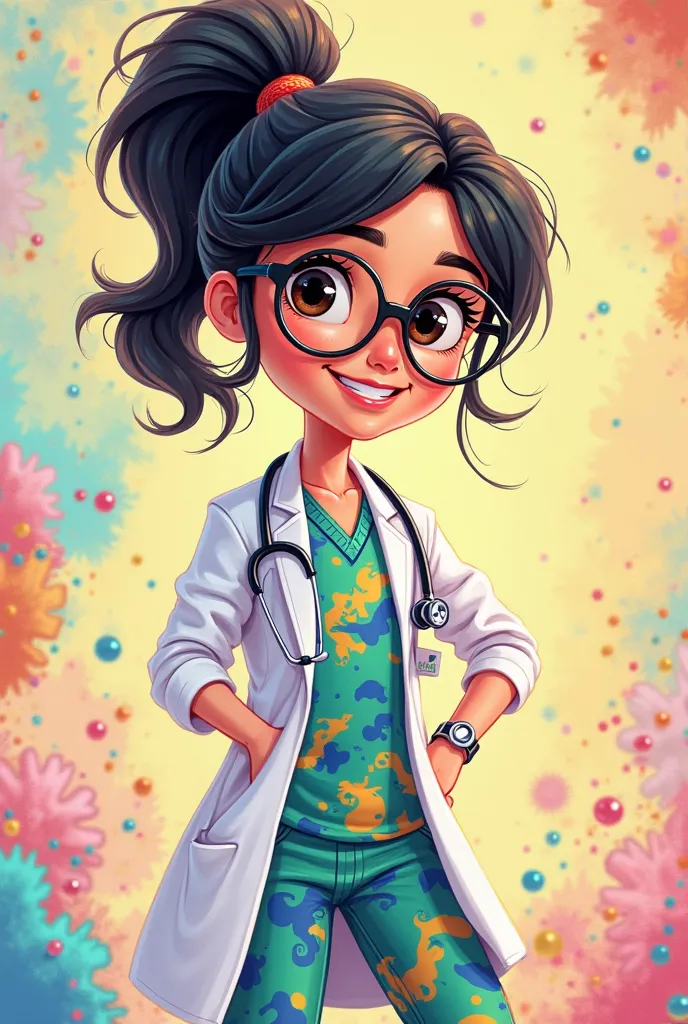 Animated doctor with black hair tied in a tail 