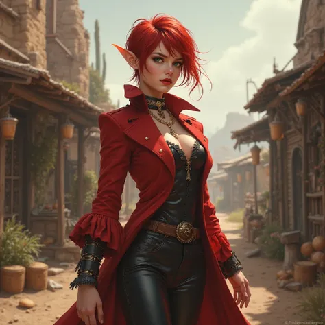 1girl, woman, small elf ears, short hair, red hair, green eyes, red lips, bard, red coat, black leather pants, western, slim body, nice chest