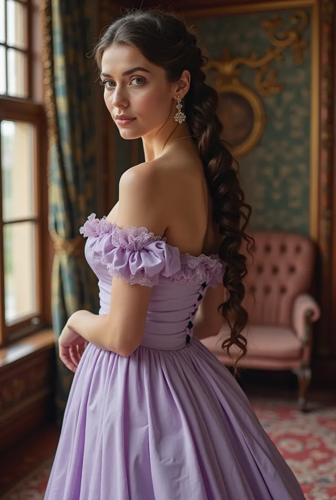 Create an image that is taken from the cover of a Victorian-era historical romance book, in which you can see a beautiful brunette woman in a pale purple dress and an elegant braided hairstyle. In a living room of a Victorian-era mansion