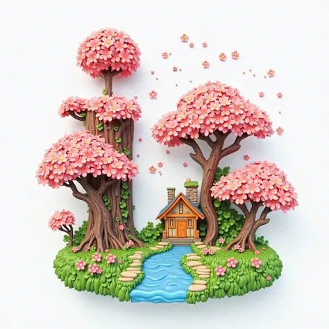 A 3D render of an acrylic art piece that spells out "i" The letter "i" is transformed into a delightful Spring wonderland, complete with cherry blossom
trees, a serene river, and a charming cabin. The intricate and imaginative display creates a magical atm...