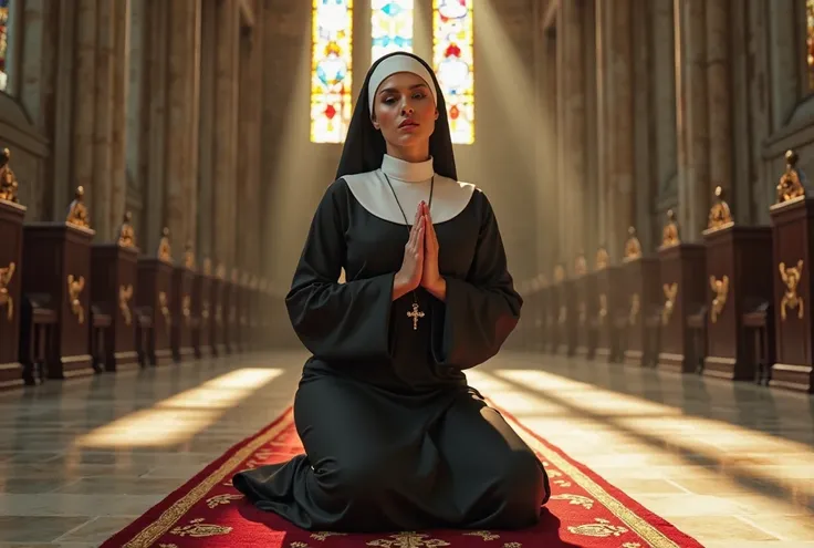 A highly detailed and cinematic hyper realistic photography of a  nun kneeling in deep prayer inside a grand, Gothic cathedral. She wears a traditional black and white habit that clings tightly to her curvaceous figure, emphasizing a striking contrast betw...