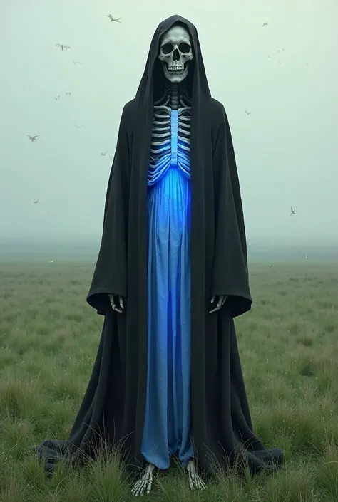 I want a skeleton with a black cassock and a light blue color on the front but that covers the entire chest up to the feet and the background is the field