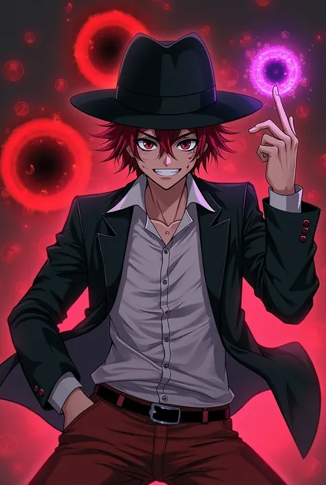 male, anime, red hair, big black fedora hat, black jacket jeans on top, white shirt on bottom, red pants, black eyes, a wide creepy smile, death starring eyes, eyes looking to the camera, in a fighting position, right hand is rising and holds a purple and ...