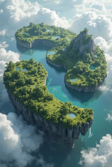 "Create a huge floating island of native vegetation, untouched by human intervention, featuring lakes and waterfalls, but with a somewhat hostile environment. The island floats in the sky and has a looping shape in some part of it. there are 3 huge huge fl...