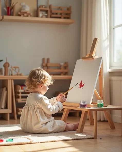 Create a real image inspired by the Montessori method that represents the concept of freedom within limits. The scene must show a real human  aged 4 to s playing independently in a well-organized Montessori environment. The  must be painting a canvas on a ...