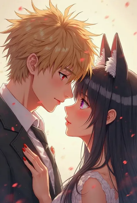 Katsuki Bakugo red-eyed blond man from a very handsome adult from the side looking softly at his wife with straight black hair gray cat ears purple eyes