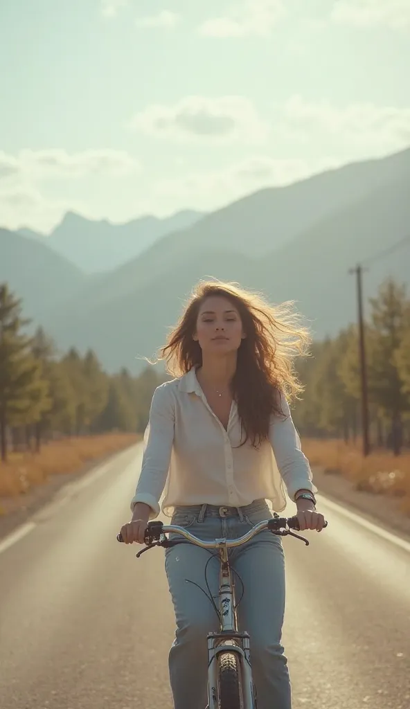 "A young woman riding a bicycle on an open and tranquil road,  conveying a sense of freedom and happiness . The setting is soft and ethereal,  with a slightly blurred background , showing mountains , trees and a calm sky with subtle clouds.  The lighting i...