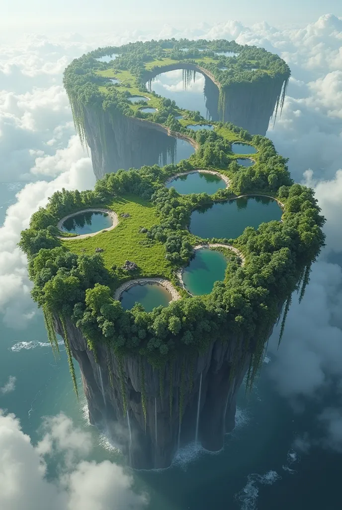 "Create a huge floating island of native vegetation, untouched by human intervention, featuring lakes and waterfalls, but with a somewhat hostile environment. The island floats in the sky and has a looping shape in some part of it. there are 3 huge huge fl...