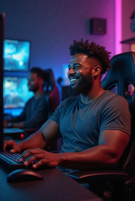 Make a black man sitting in the gamer chair fistling on the PC and laughing 