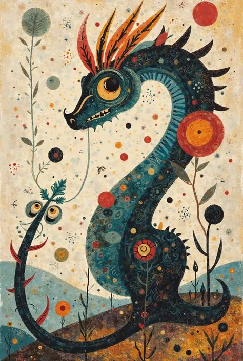 Create a surrealistic image of a dragon with features from Joan Miró's works