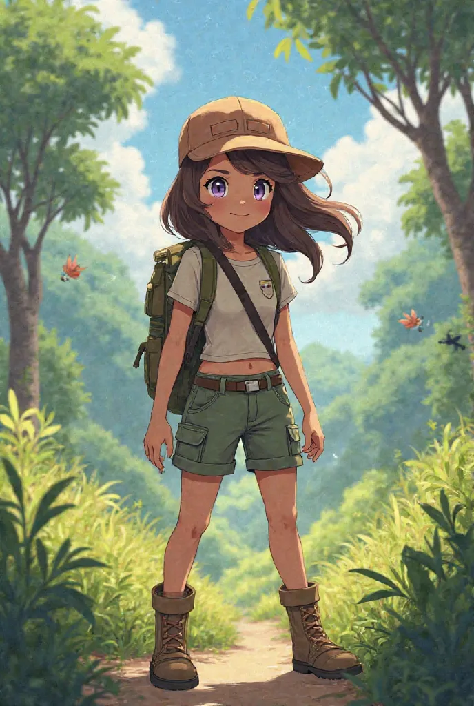 Pokemon trainer girl with brown hair and lilac eyes