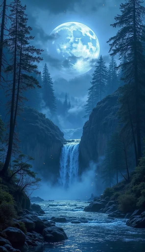 Imagine a mysterious landscape under the glow of a full blue moon, shining intensely in the dark sky. A dense mist lingers over the forest, wrapping around tall, winding trees, giving the scene an ethereal feel. The sound of rushing water echoes softly as ...