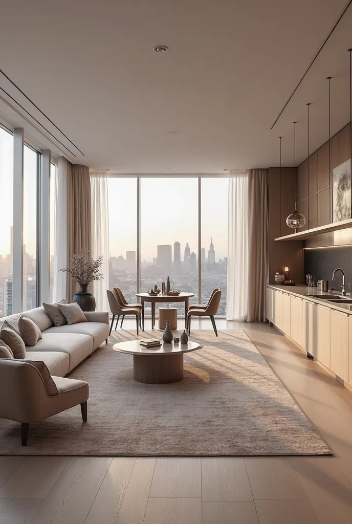 a luxury penthouse located high of a skyscraper in Manhattan, with breathtaking panoramic views of the city and the skyline at dusk. The decor is elegant and minimalist,  with a focus on clean lines , open spaces and a palette of light and neutral colors (...