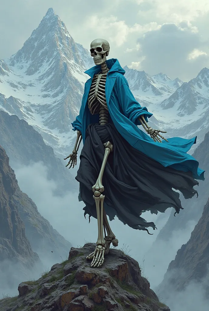 Skeleton of death wearing a black robe and sky blue jacket on a mountain dancing