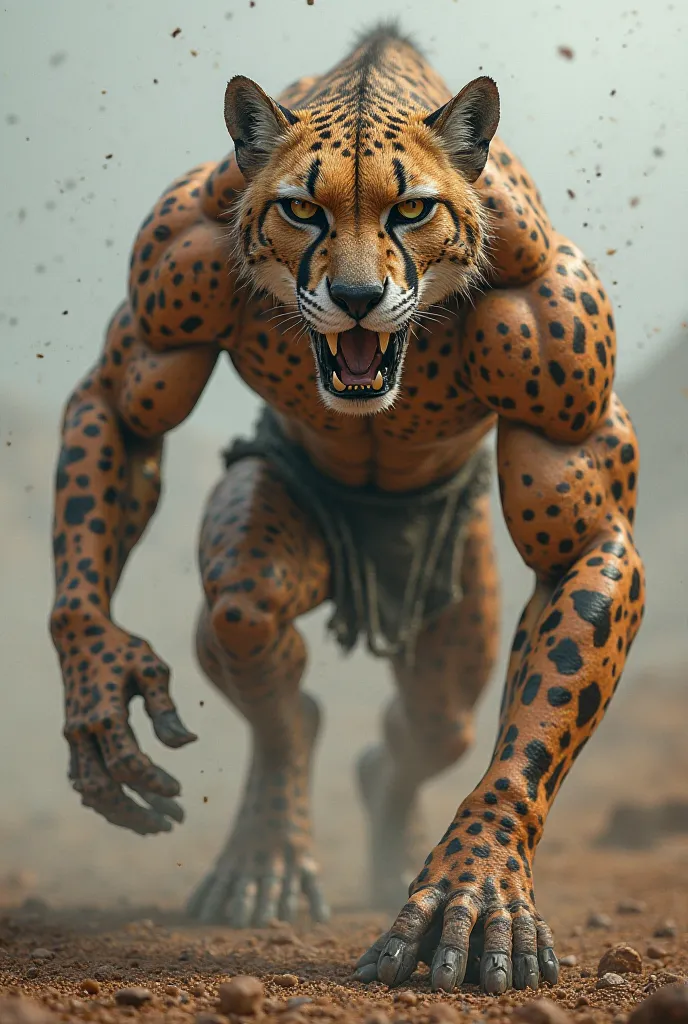 I want the photo of a ferocious creature beginning as a muscular man who is going to look like a cheetah 