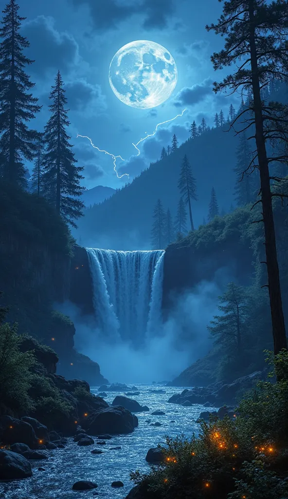 Under the glow of a full blue moon, the night feels almost otherworldly. A thick mist drapes over the towering trees, swirling gently as a cool breeze passes through. In the distance, a mighty waterfall crashes into a shimmering lake, sending a fine mist i...