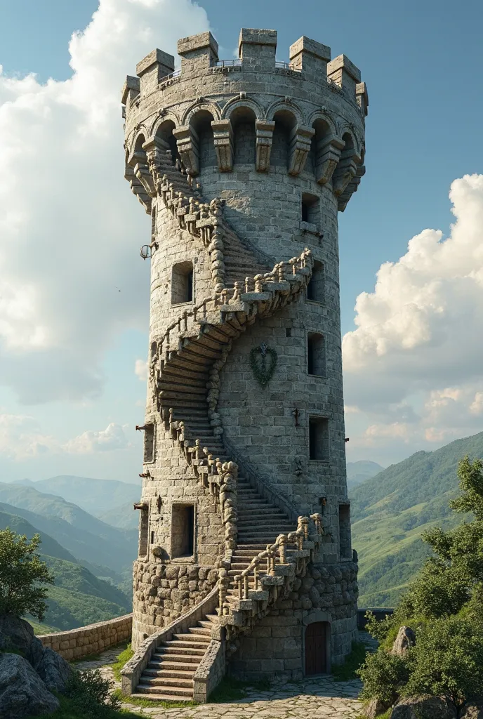 A tower with a medieval spiral staircase photo realistic 