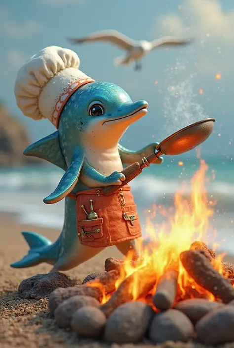 A cute realistic dolphin fish wearing cooking clothes and holding a frying pan on a fire. 