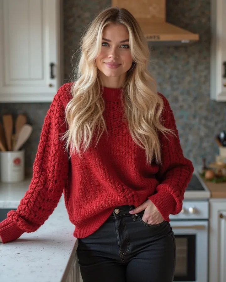 Create an 
woman who has long blonde hair big tits and ass wearing a sweater Red in color black jeans and heels also has big thighs It's not supposed to be fat She has to lean on the kitchen counter herself Her face is supposed to look older And she has Sc...