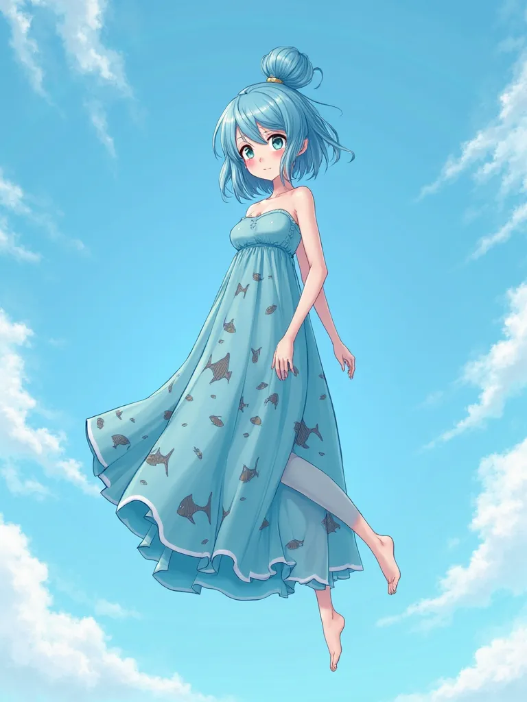 anime  girl sky blue hair with short bangs framing her forehead and big bun on the back of her head blue eyes strapless long aquamarine fish themed strapless dress arms legs bloated and spreaded belly and breasts inflated like balloons  she's floating thro...