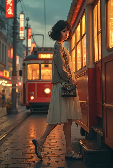 TOP QUALITY、high definition、(HD:1.4)、masterpiece、detailed background、realistic、 RAW photos 、 Showa retro atmosphere、nostalgic atmosphere、(A retro tram slowly runs through the Showa retro cityscape:1.5)、(The orange light at dusk gently dyes the cobblestones...