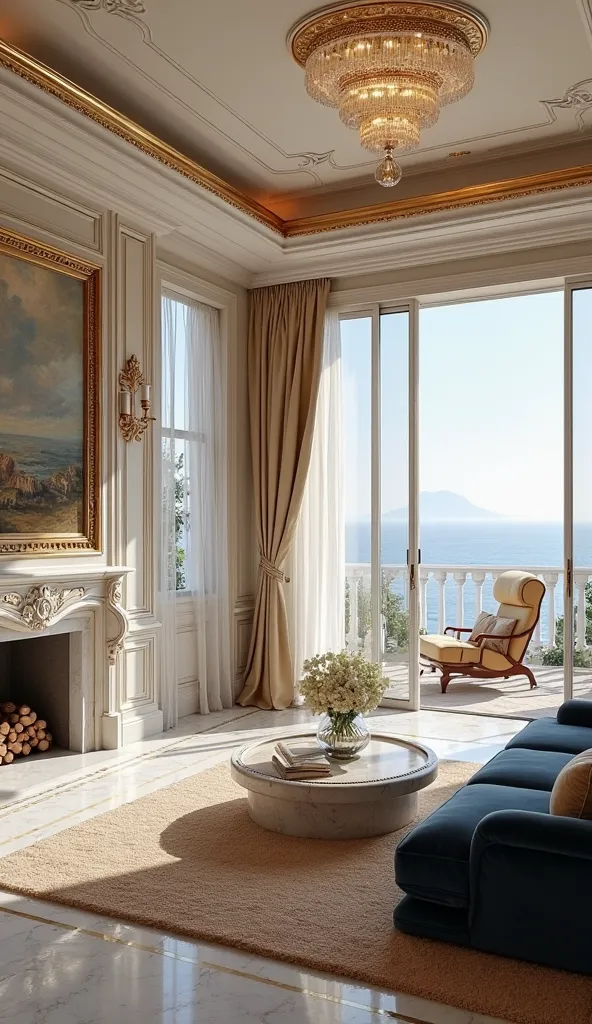 Detailed description of the relaxation room in the luxury Italian villa overlooking the sea:

1. General design:

A spacious relaxation room featuring a classic Italian design with modern touches, dedicated to relaxation, contemplation and enjoying the bre...