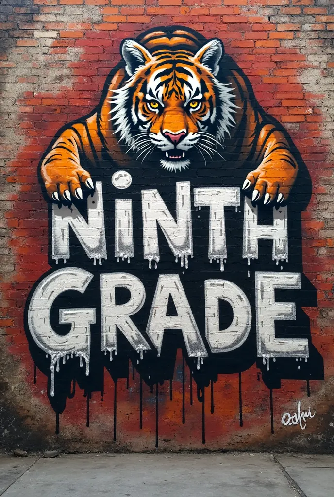 sign make a brick wall with the word written in graffiti "ninth grade " With a tiger behind the 
