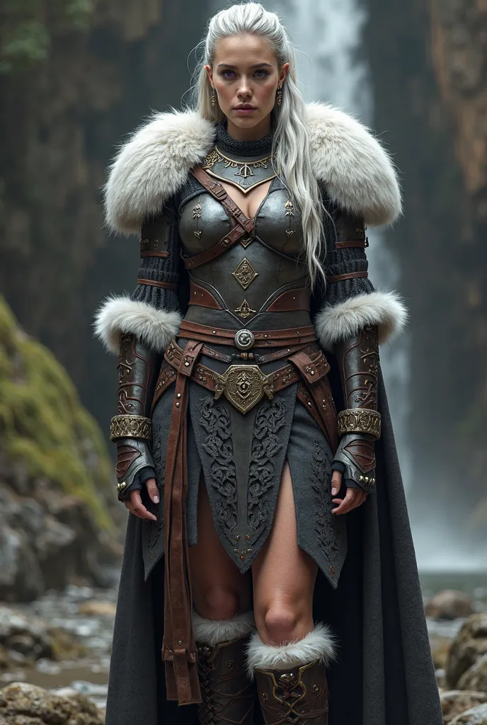 Generate a realistic, full-body photo image of a Viking woman wearing Viking armor that only reveals her shoulders, with gauntlets and leather boots with white fur on their forearms,  knees and shoulders .  of athletic build ,  light leather balcony, silve...