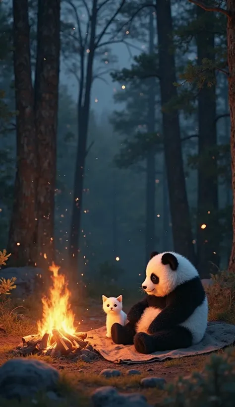 A small campfire crackles in the middle of a clearing, casting a warm, orange glow around. The black and white panda is lying on an improvised blanket, covered with a worn piece of fabric. The white kitten sits beside it, attentive and protective, as the p...