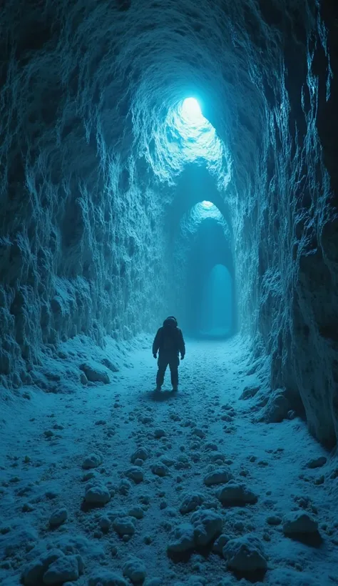 Ultra-realistic POV shot of discovering strange glowing inscriptions on the walls of a subglacial cave. The markings appear ancient and otherworldly, possibly created by an unknown civilization or extraterrestrial beings. They emit a faint blue glow, illum...