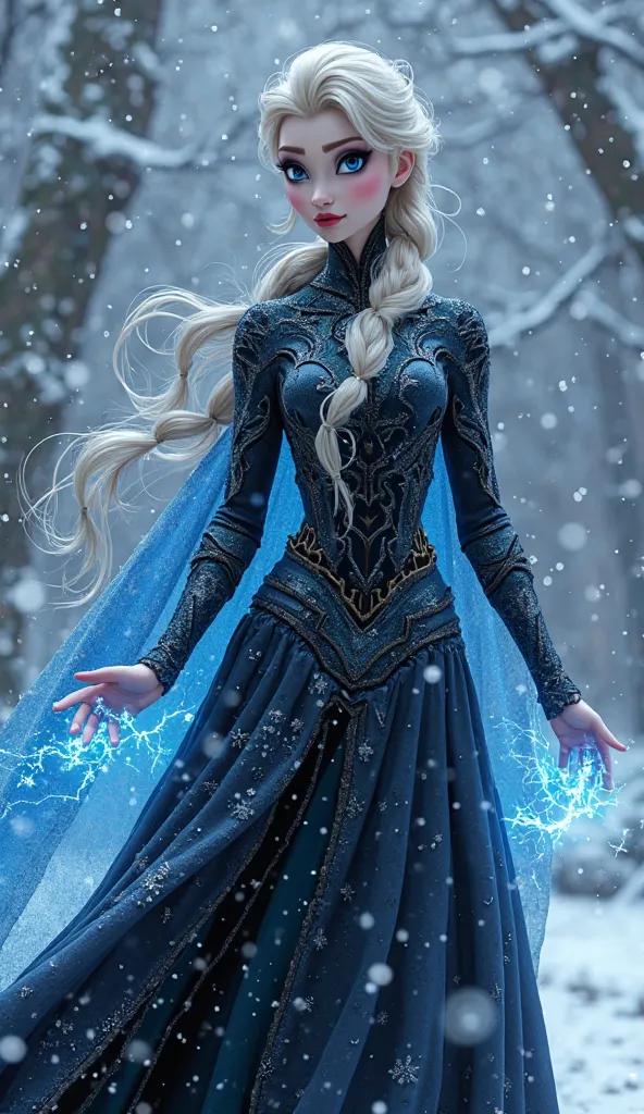 In a mystical, snow-covered landscape, a powerful fusion of Elsa from Frozen and Venom from Marvel stands, exuding an aura of dark enchantment. Her appearance is both regal and menacing, embodying the elegance of a queen and the fearsome power of a symbiot...