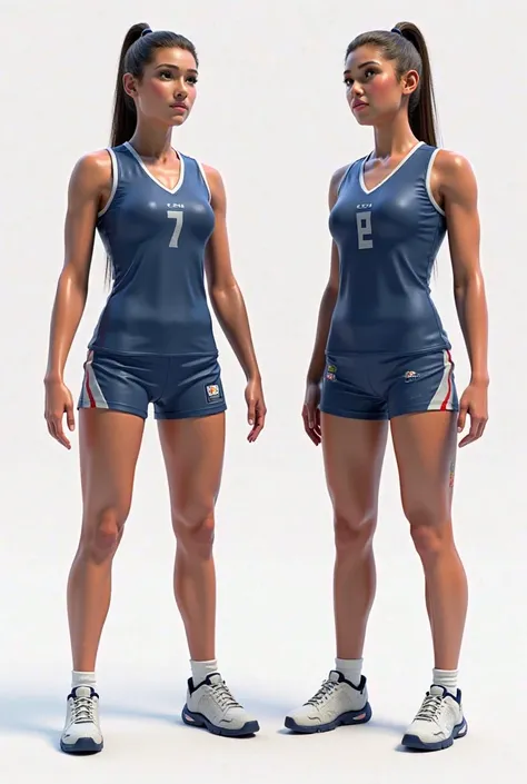 Create 3D models of uniforms for a volleyball team, including men's and women's versions. Uniforms must have modern, sporty designs, with different color combinations and styles. Each uniform must include a tank top and shorts.. Add details such as numbers...