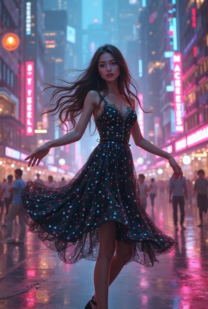 Charming beautiful girl. In a black polka-dot dress .dances in a neon fantasy city. long hair, very long hair, 