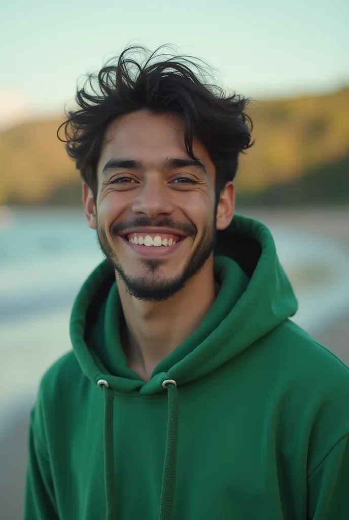 a close up of a person in a green hoodie standing near a body of water, an album cover inspired by Nuno Gonçalves, pexels, les nabis, music video, mo salah, riyahd cassiem, looking happy, real-life brook, jayson tatum as che guevara, smiling and looking di...