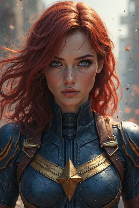 make profil picture of a girl with layered mid dark red hair and blue eyes who is warrior in marvel make it half realistic
