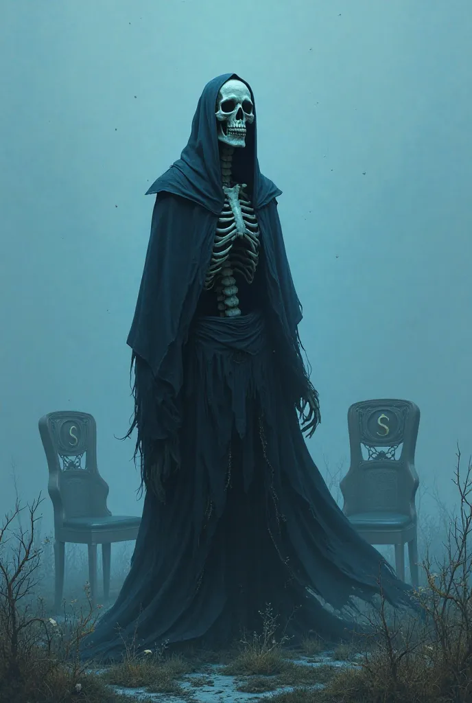 Skeleton of death with black cassock in blue paletina Celeste with the building of 2 furniture that says in large the initials S 4