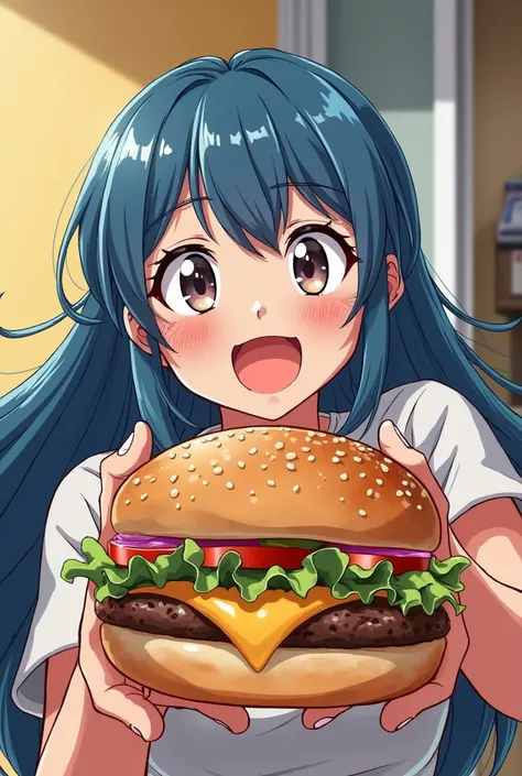 chubby anime young adult girl, comic style, long blue hair, simple style, promoting a hamburger, simple background anime style, dinamic pose