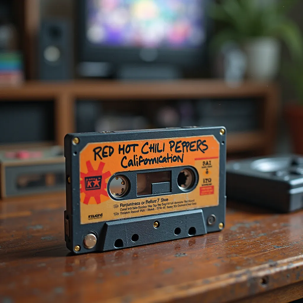  K7 audio tape, old,  written "Red Hot Chili Peppers" Lens In the foreground. Blurred background of a table with video games; TV in the background with a video game.  ;   written "Califonication" 