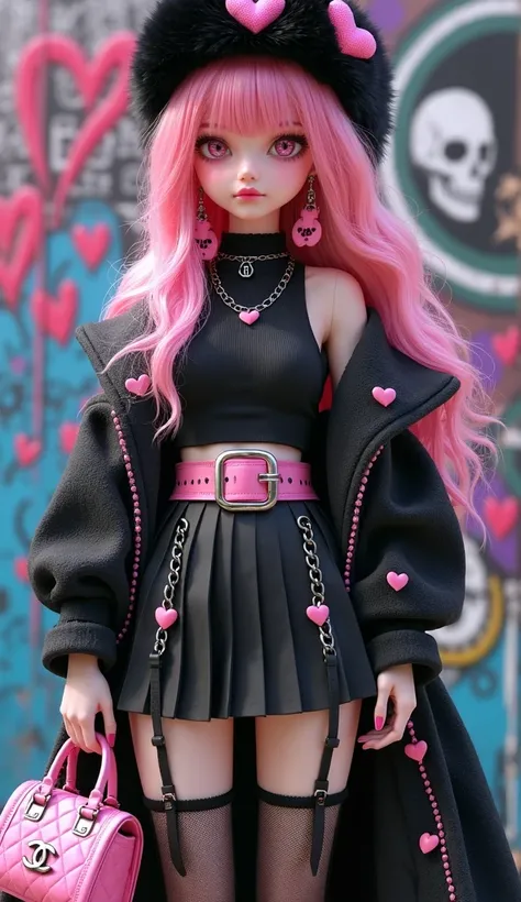 Gothic style, BJD style,  girl, long pink hair,full body， pink eyes, pink love earrings, pink love necklace, black fur hat with pink love pattern, black turtleneck top, pink belt, black pleated skirt, short skirt, belt with chain, garter belt, black stocki...