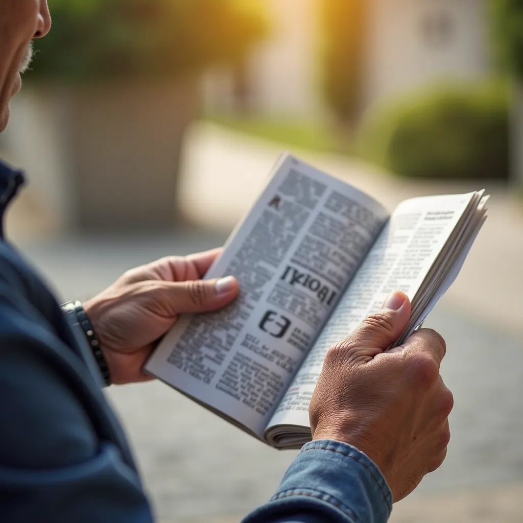 two Wrinkled hands of an elderly Latino man holding and viewing a magazine in its central part. In the image only the old man's hands and the magazine are visible. In the background you can see a sunny outdoor place.