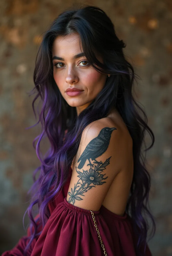 North American Indigenous woman, black hair with purple highlights, raven tattoo on right shoulder, howling wolf tattoo on left shoulder, archery bow tattoo on inner left forearm, archery arrow tattoo on inner right forearm, wearing a wine red evening gown