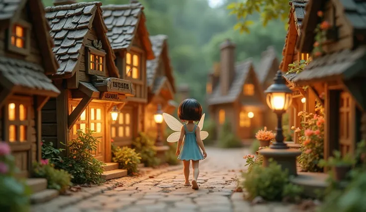 A young, light-skinned girl, appearing to be pre-teen, is depicted in a miniature fairy-tale village scene.  She wears a light blue dress and has short, dark hair.  She is positioned in the mid-ground, walking away from the viewer.  Her posture is relaxed ...