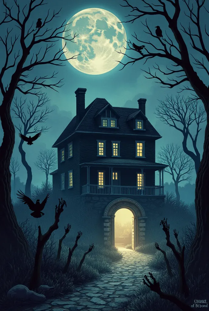 Create a dark and mysterious illustration for a Haunted stories.  in the center, an abandoned house at night, with broken windows and ghostly light coming out of the inside. around, twisted trees and a thick fog. IN THE SKY, a full moon illuminates silhoue...