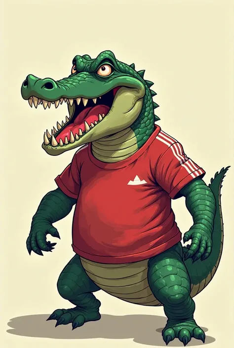 An angry alligator wearing a red shirt with a white stripe