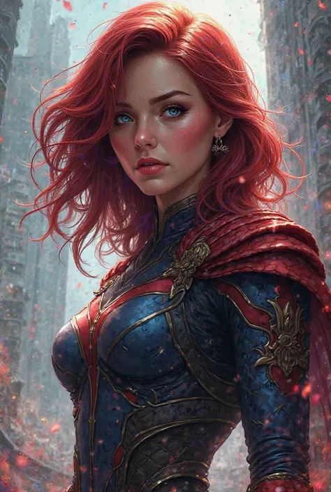 make a profile picture of a girl with layered mid dark red hair and blue eyes who is warrior in marvel but dont make it realistic 